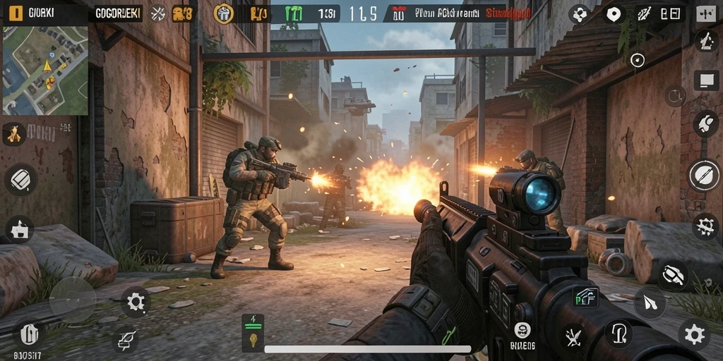 Screenshot gameplay GOGOREJEKI dengan aksi tembak menembak yang intens.