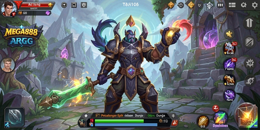 Screenshot utama gameplay MEGA888 dengan aksi pertempuran ARPG yang intens.