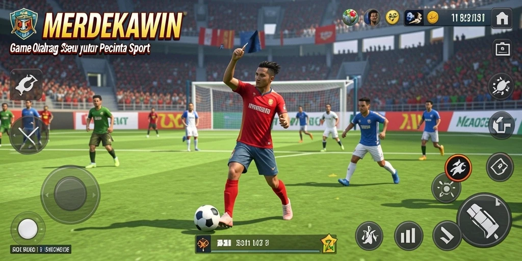 Screenshot gameplay <strong>MERDEKAWIN</strong> menampilkan aksi seru dalam pertandingan olahraga.
