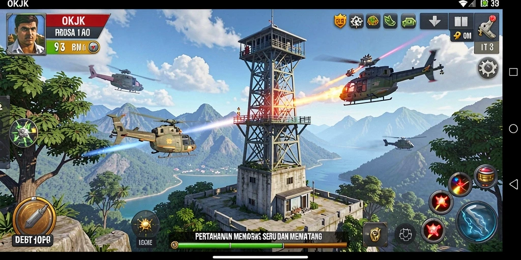 Screenshot gameplay menampilkan menara strategis dan aksi pertempuran seru.